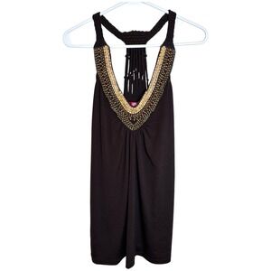 Six Degree Black Embellished Halter Top Women's Size L Beaded Macrame‎ Back Y2K